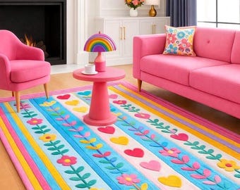 Hand-Tufted Floral Stripe Rug | Colorful Wool Nursery Decor | 5*7 living Room Carpet