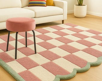 Hand Tufted Checkered Wool Rug | Pink & Cream Checkerboard Carpet With Scalloped Sage Green Border