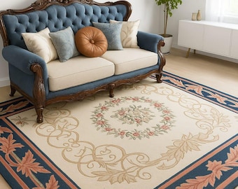 Hand-Tufted Floral Area Rug, Cream Navy Blue French Country Botanical Carpet