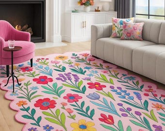 Bright Pink Flower Nursery Rug | Colorful Floral Girls Playroom Area Rug | Pastel Botanical Striped