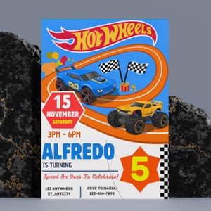 Invitación de cumpleaños editable de Hot Wheels, invitación de cumpleaños de coche de carreras, plantilla para fiesta de carreras imprimible
