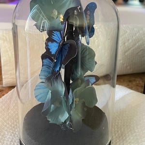 May include: A decorative glass cloche featuring blue butterflies and flowers. The butterflies have intricate wing patterns in shades of blue and black. The base is black, and the dome is clear, creating a miniature display.