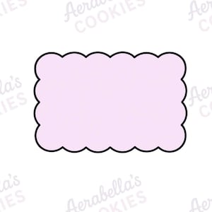 May include: A rectangular cookie cutter with a scalloped edge design. The cutter has a light pink interior fill and a bold black outline. The text Aerabella's COOKIES is repeated in a light grey watermark pattern across the white background.