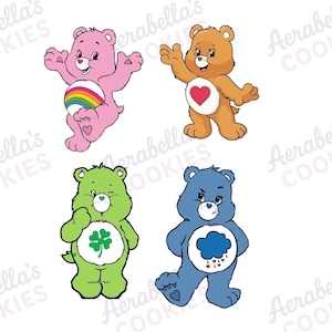 May include: Four Care Bears characters in various colours. A pink bear with a rainbow belly, an orange bear with a heart, a green bear with a four-leaf clover, and a blue bear with a rain cloud. The bears are standing and smiling.