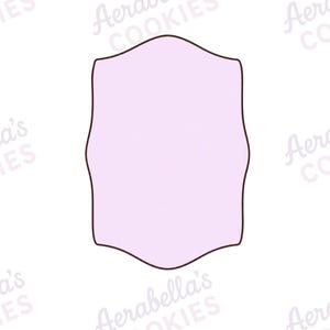 以下が含まれることがあります： 淡いラベンダー色のクッキー型で、縁が波打った盾のような形をしており、濃い茶色の輪郭線が施されています。左右対称の曲線を描く上下と、内側に湾曲した側面が特徴で、テキストが繰り返される白い背景の上に配置されています。