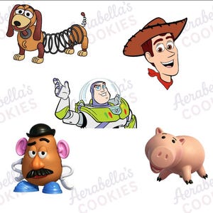 Peut inclure: Illustrations de personnages de dessins animés : Slinky Dog, Woody, Buzz l'Éclair, M. Patate et Hamm. Les personnages sont en couleur sur fond blanc. Le texte "Aerabella's COOKIES" est présent dans les coins de l'image.