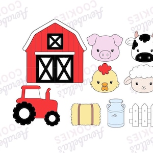 May include: A set of farm-themed cookie cutters. The image shows a red barn, tractor, pig, cow, chicken, sheep, hay bale, milk jug, and fence. The cookie cutters are in a cartoon style.