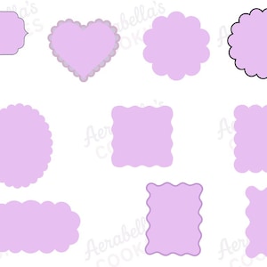 May include: A selection of light purple cookie cutters in diverse shapes, such as a heart, oval, circle, and rectangle. Some cutters have scalloped edges, while others have smooth edges. The image includes the text "Aerabella's Cookies".