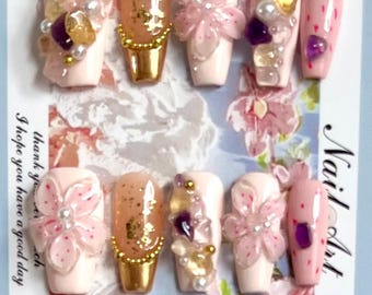 Handgemaakte rozegouden Sakura-persnagels (10 stuks)
