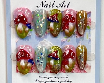 3D Mushroom Press On Nails | Enchanted Forest Handmade Gel Nail Art Set