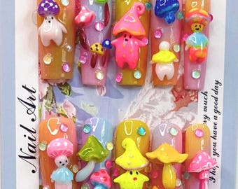 Pastel Fairy Mushroom Press On Nails | 3D Cartoon Fake Nail Set