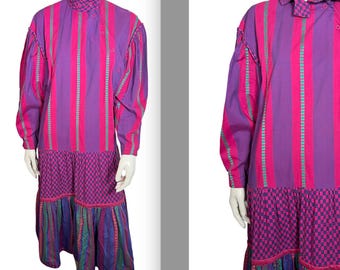 Vintage 80s Jeanne Marc Dress | Novelty Print Long Sleeve, Size 8
