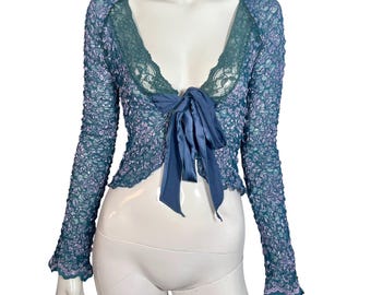 Vintage jaren 90 tot Y2K Ann Ferriday Fairycore bijgesneden jacktop met stretchkant en zijden stropdassen S