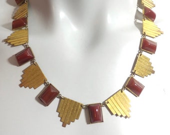 Vintage 1920s Art Deco Brass & Carnelian Glass Necklace