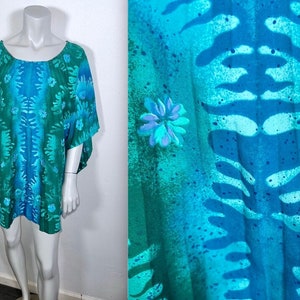 Groovy 70s Hawaiian Print Accordion Pleat MuuMuu Caftan Top Blouse Volup Plus