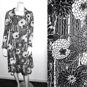 Amazing Vintage 70s I Magnin Black & White Tropical Print Dress Volup Plus