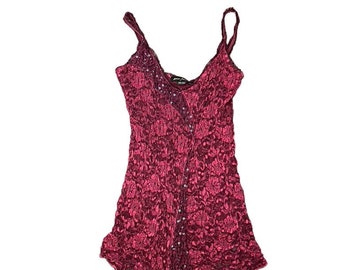 Great Y2K Ann Ferriday Dark Red Asymmetrical Stretch Lace Top w Sequins OSFA