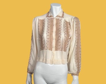 Beautiful Vintage 20s To 30s Hungarian Embroidered Blouse w Metal Sequins S M