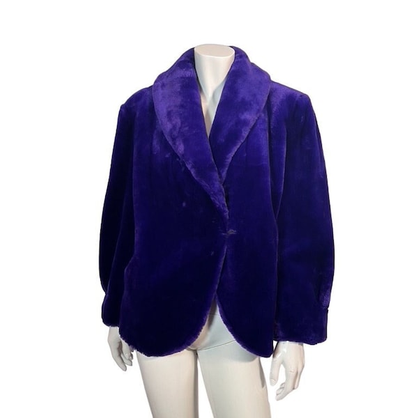 Vintage 80s Violet Purple Couture Helene Faux Fur Short Coat sz 6