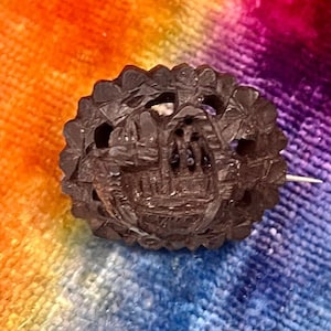 Victorian Carved Irish Bog Oak Brooch Mourning Souvenir