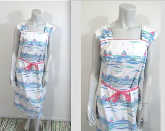 Vintage 70s The Vested Gentress Whimsical Sailboat Print Dress L