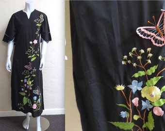 Vintage 70s Long Embroidered Maxi Dress w 3D Butterflies & Flowers S