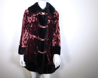 Vintage 70s Gray Crushed Velvet Faux Fur Trim Coat M
