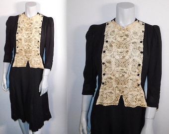 Most Adorable Late 30s/Early 40s Lace Bib Front Rayon Dress