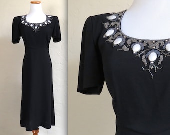 Vintage 1940s Rayon Elinor of California Dress w Beaded Embellished Neckline XS S