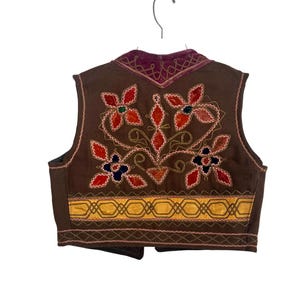 Vintage 60s Afghan Woodstock Embroidered Wool Hippie Vest Waistcoat w Velvet S M