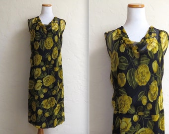 Vintage Early 60s Yellow Flowers Print Silk Chiffon Overlay Dress