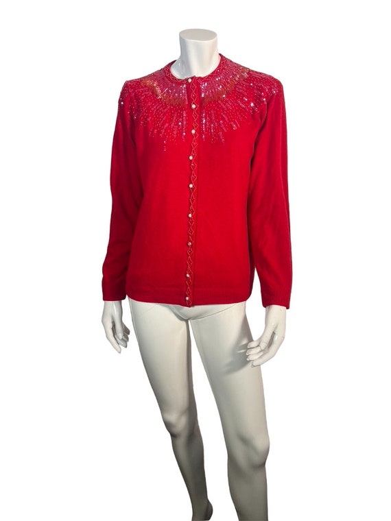 HTF Vintage 60s Beaded Cardigan Sweater in Red XL… - image 2