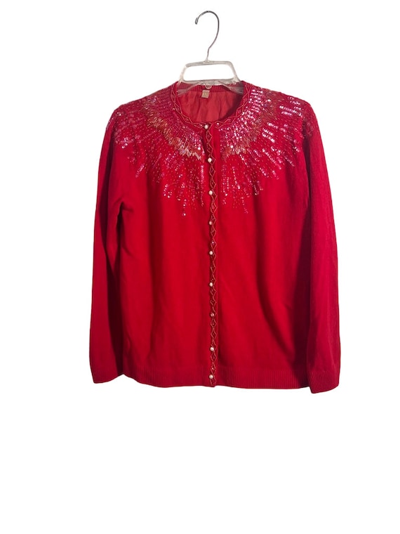 HTF Vintage 60s Beaded Cardigan Sweater in Red XL… - image 7