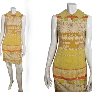 Vintage 1960s Glittery Earth Tones Mod Mini Dress w Rhinestone Buttons