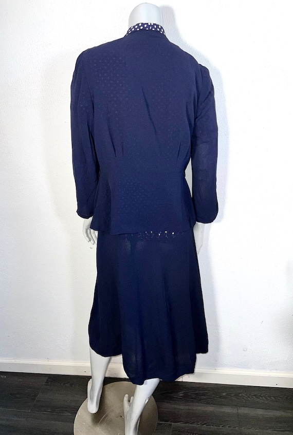 Vintage 1940s Cold Rayon Navy Polka Dot Dress & J… - image 6