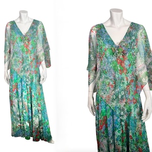 Vintage 60s to 70s Saks Fifth Avenue Flowing Garden Print Chiffon Maxi Dress sz 18 Volup Plus