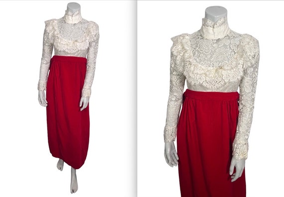 Vintage 1970s Lace & Red Velvet Cottagecore Holid… - image 1