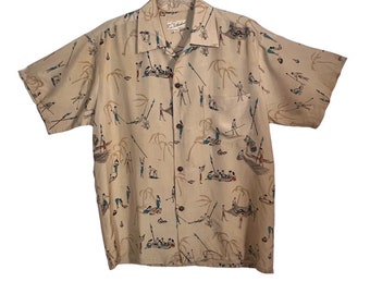 Vintage 1950s Ross Sutherland Hawaiian Villagers Print Silk Shirt