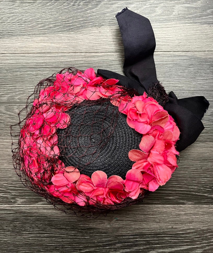 Vintage 1930\'s Hat navy pink flowers New York Creation Perfect! Vintage 30s 40s New York Creation Tilt Hat W Veil & Hot Pink  main image 3