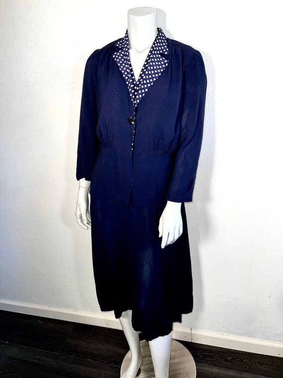 Vintage 1940s Cold Rayon Navy Polka Dot Dress & J… - image 3