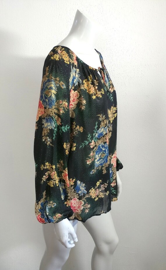 Boho Vintage 1970s Floral Rayon Peasant Blouse L - image 3