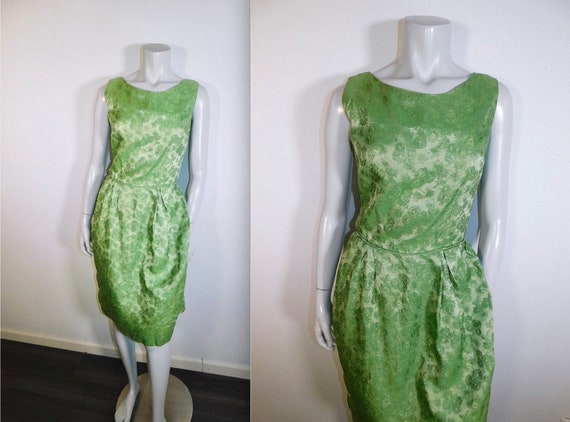 Vintage 1950s Mad Men Frosty Green Brocade Dress … - image 1