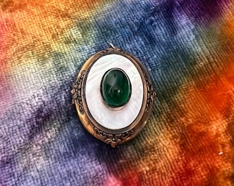 Vintage 1940s Victorian Revival Brass Locket w Green Cabochon Stone