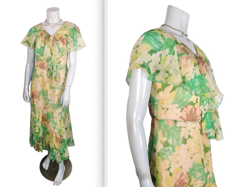 Garden Party Beautiful Early 1930s Floaty Floral Print Silk Chiffon Dress image 1