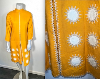 Vintage 1960s Mod Sunshine Yellow Dress w Yarn Trim & Appliques