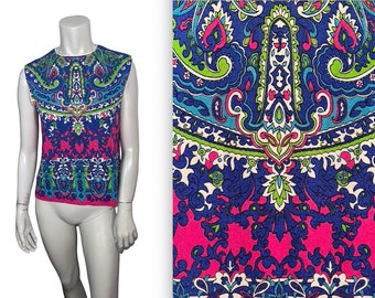 Vintage 60s Psychedelic Paisley 'Byzantine Borders' Print Mod Sleeveless Top L XL