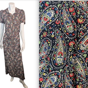 Vintage Late 30s Long Zip Front Cold Rayon Paisley Dress w Tie Belt XS S 34 Bust