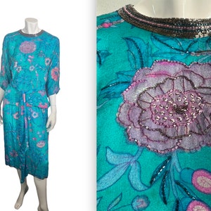 Pretty Vintage 80s Judith Ann Beaded Sequined Silk Top & Skirt Set w Sash XS