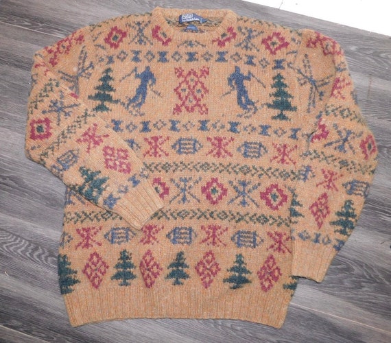 Vintage Hand Knit Polo Ralph Lauren Thick Wool Sweater W Skiers L