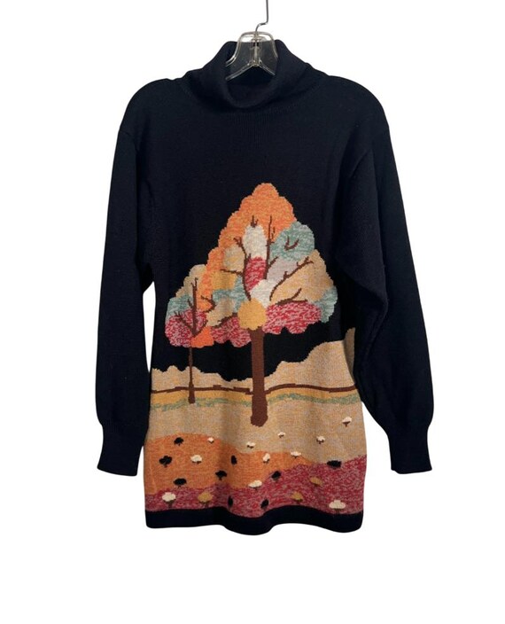 Vintage 70s to 80s Wool Tree & Sheep Pattern Tuni… - image 2